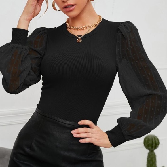 Swiss Dot Dusty Pink Puff Sheer Sleeve Ribbed Blouse Work Office - Picture 6 of 11